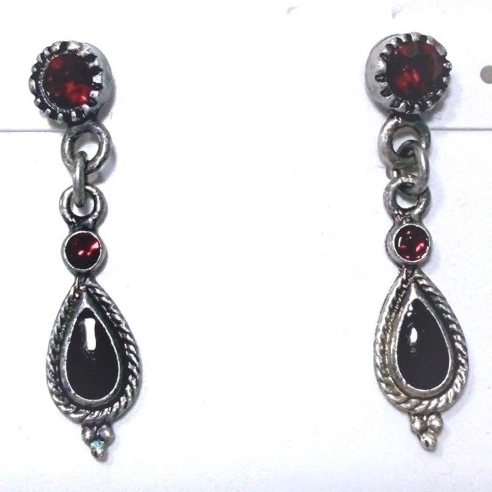 Ethel and Myrtle Silver tone Earrings Antique Style Red Pierced Dangle Drop
